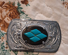 Western Rectangular Silver Tone Belt Buckle Turquoise Stone Floral Engraved
