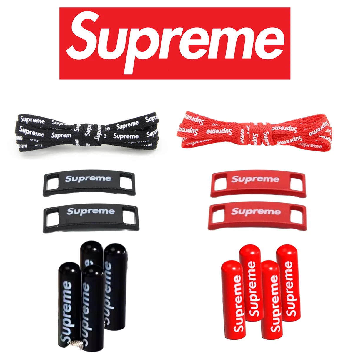 Lot de dentelle de chaussure suprême + serrure de dentelle suprême + embouts d'aglets en métal suprême