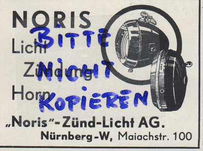 NÜRNBERG, Werbung 1939, Noris-Zünd-Licht AG Licht Zündung Horn Auto Kfz Technik