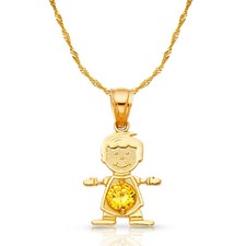 14K Yellow Gold Birthstone CZ Boy Charm Pendant  0.9mm Singapore Chain Necklace