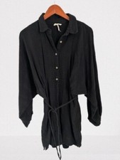 Free People Black Button Up Tunic Balloon Sleeve Collared Shirt Dress Size Small