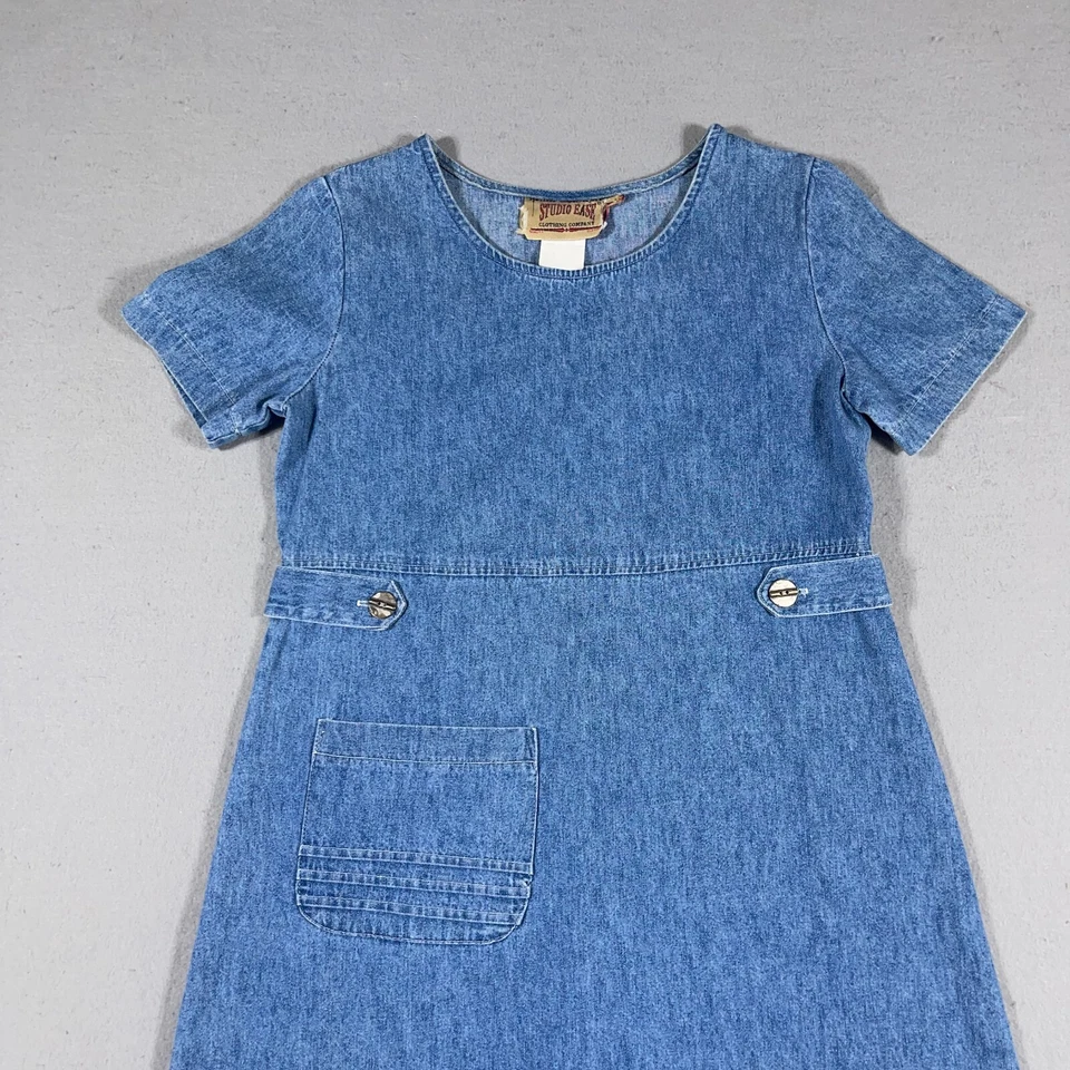 Vintage Denim Maxi Jean Dress Size 4 P Short Sleeve Prairie Retro Fashion Blue - Image 2 of 4