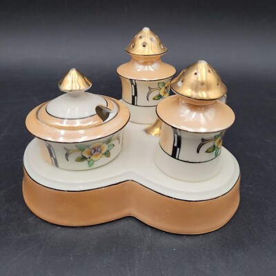 Antique Vintage c.1920s Japanese Noritake Lusterware Salt Pepper Condiment Caddy