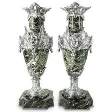 Pair Art Deco Nickel Plated Marble Urn Vases