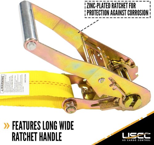 USCC 2" X 27' Ratchet Strap w/Chain Extension - Heavy Equipment - Yellow 2PK - Picture 2 of 9