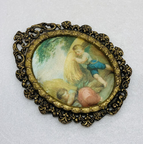 Rare Ornate Bronze Metal Framed Painted Silk Art “Kids Carrying Hay” Decor 23 - Picture 2 of 10