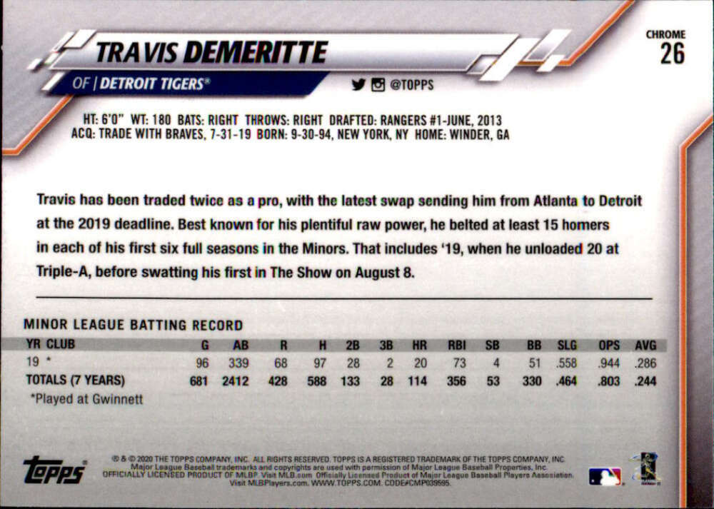 2020 Topps Chrome Refractors Prism #26 Travis Demeritte Detroit Tigers Rookie - Picture 2 of 2