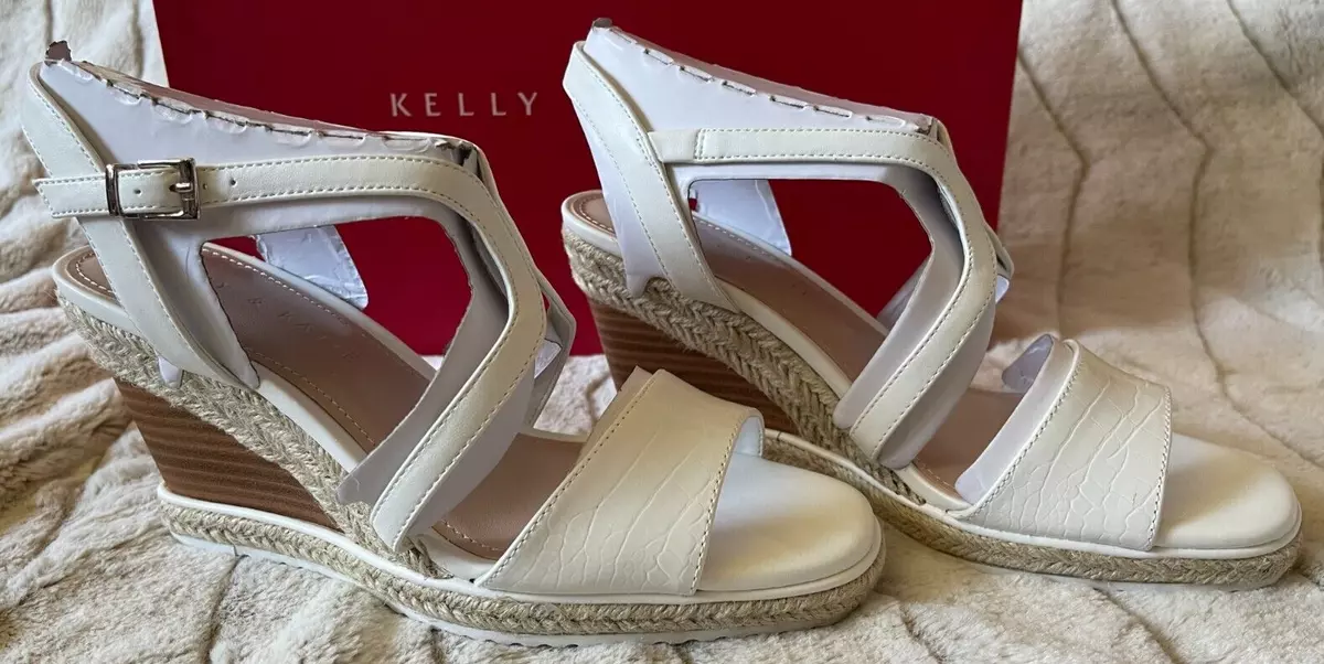 NIB Kelly Katie INIDIA White Faux Crocodile Wedge Sandal Shoes Womens Size 7.5