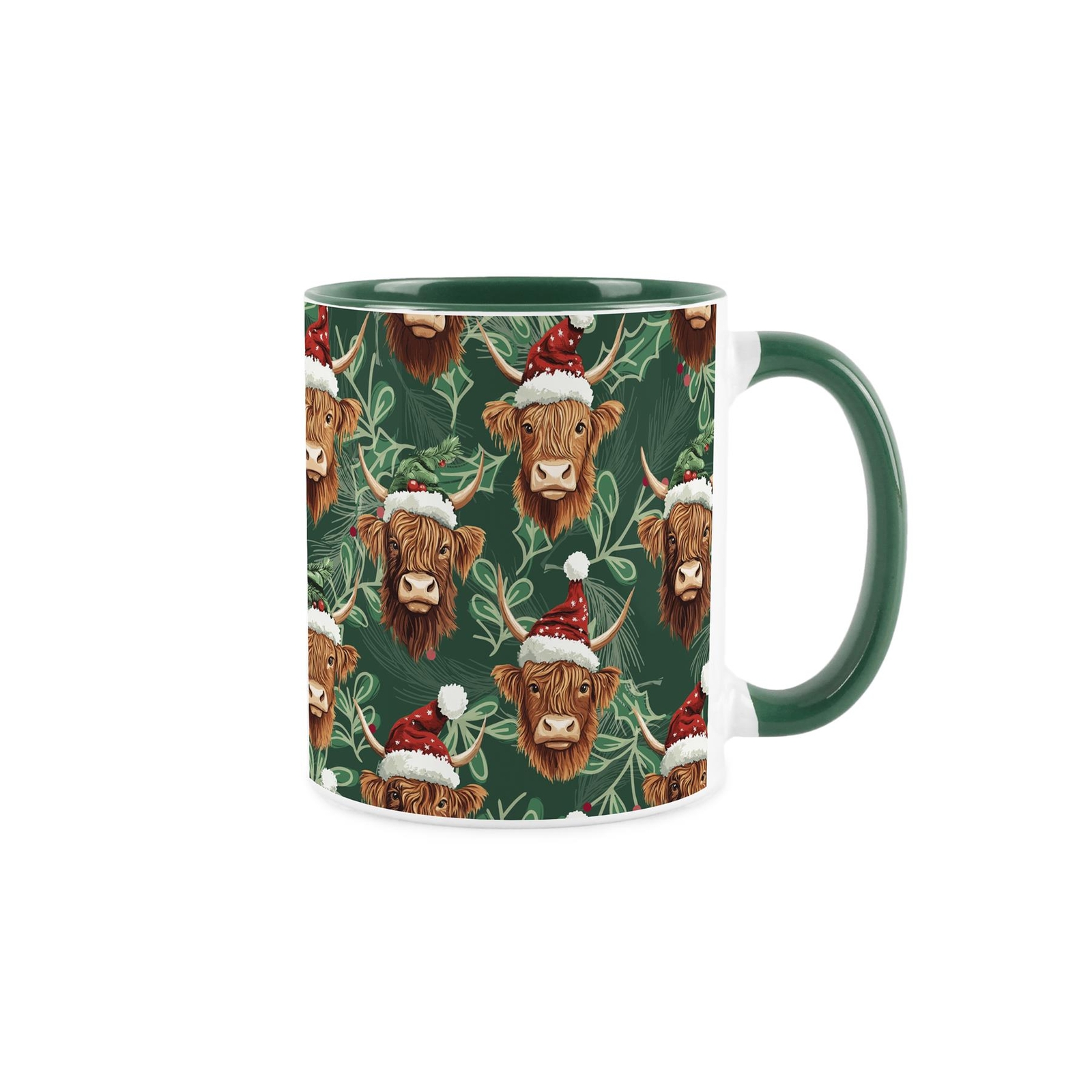 Christmas Highland Cow & Holly Green Ceramic Mug - Tea/Coffee Novelty Xmas Gift