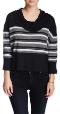 Free People Sea Side Boxy Top S 3/4 Sleeve Cowl Black Striped Casual EUC B82