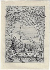GOTTLIEB HAUN: Exlibris f�r Wihelm und Anna Genest, 1909, Pferd im Spung