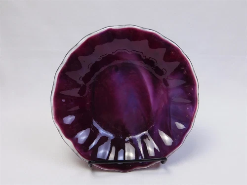 Vtg 6.75" Purple Amethyst White Slag Cased Glass Bowl Crimped Ruffle Rim
