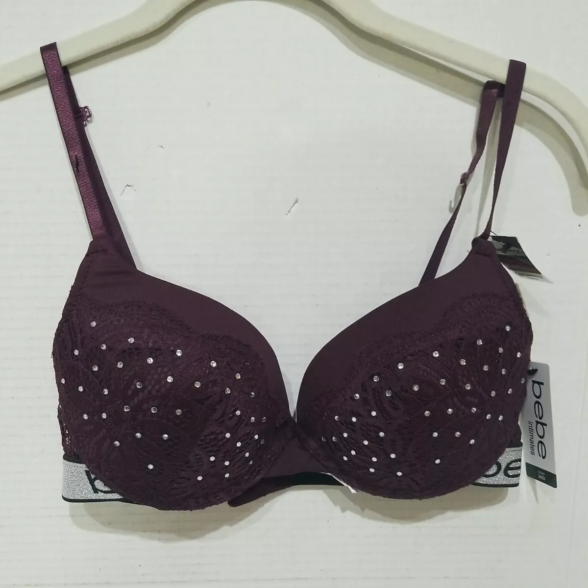 Bebe Women's Mega Push Up Bra Padded Black Cherry Underwire 36D NWT