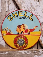 VINTAGE SHELL ROXANA PORCELAIN SIGN MOTOR OIL GAS STATION SERVICE PUMP PLATE