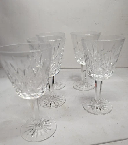 5 Vintage Waterford Crystal " Lismore "6 Oz. Claret Wine Glasses Gothic Mark