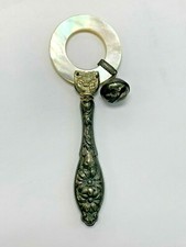 Antique Sterling Silver Mother of Pearl Baby Rattle Ornate Handle