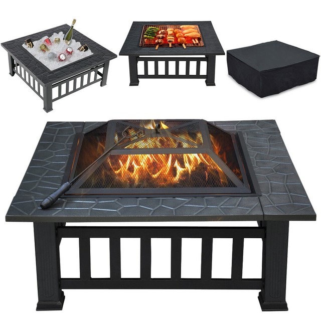 Outdoor Fire Pit W Cover Poker Stick Black Metal Firepit