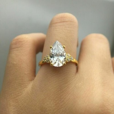 Pear Cut 3.40 Ct Lab-Created White Diamond Engagement Ring 14K Yellow Gold FN