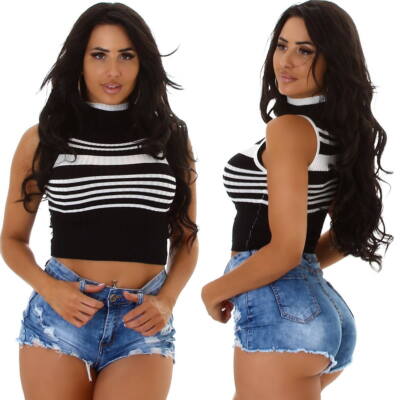 Damen bauchfreies Top Streifen CropTop Sommer Stretch figurbetont sexy 34 36 38