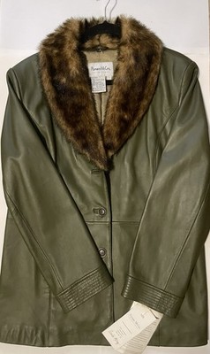 Women's 100 % Genuine Leather Jacket Pamela McCoy Size Large Green with Fur Trim