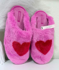 Victoria's Secret Pink/Red Faux Fur Heart Slip-On Slippers Size L US 9-10