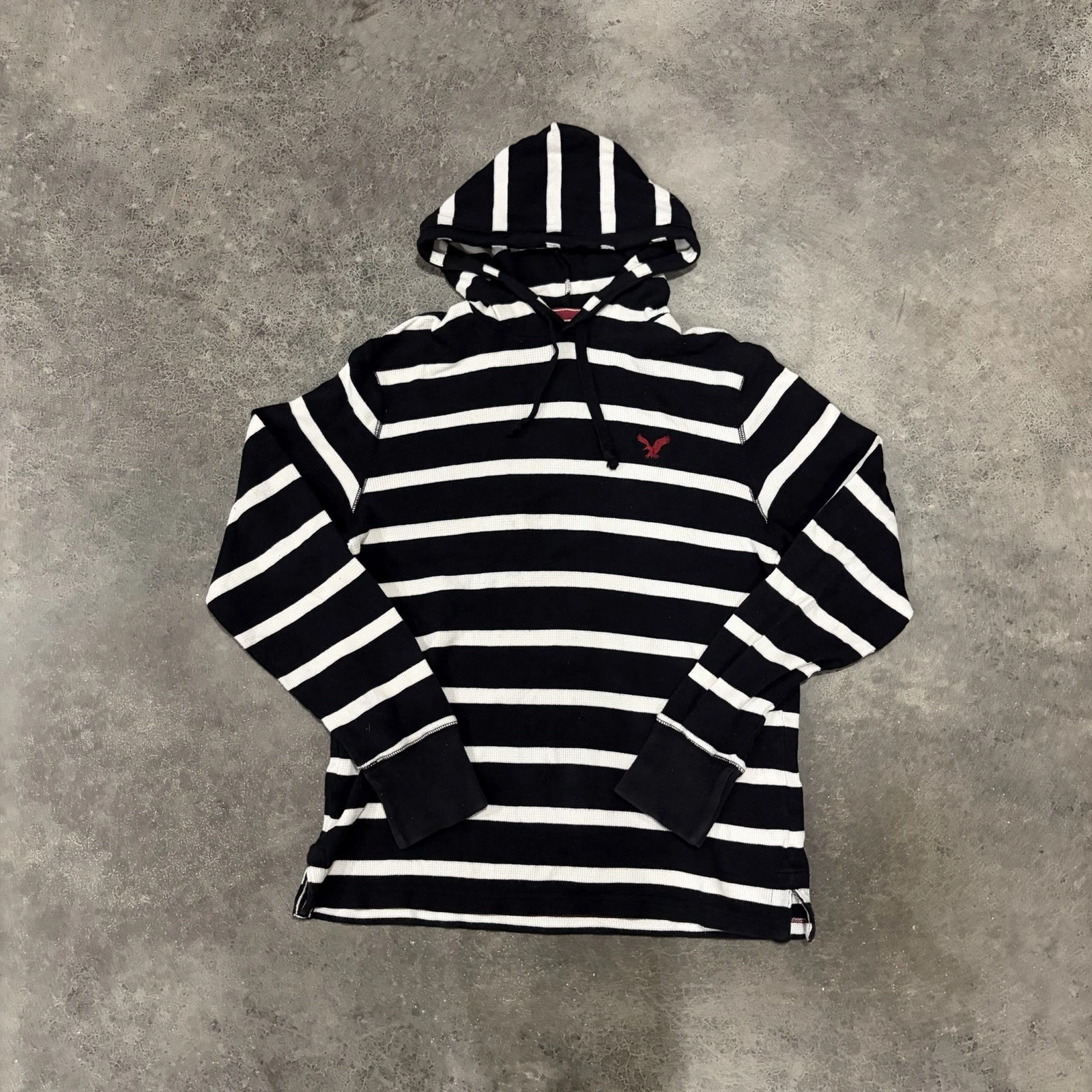 Y2K American Eagle Mens Large Thermal Hoodie Black White Striped Waffle Knit
Opens in a new window o
