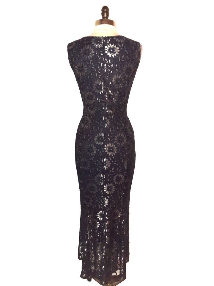 Maxi Vestido EN FOCUS STUDIO Talla 14 Azul Marino Plateado Encaje Brillante Sin Mangas Elástico Foto 4 de 4