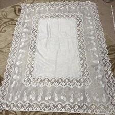 French Vintage Handmade Crochet Lace Tablecloth Ivory Shaby Chic Country Cottage