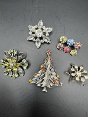 Vintage Rhinestone Brooch Lot 5 Pc Torino Christmas Tree Floral Snowflake