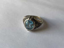 VINTAGE QVC Sterling 925 Silver BLUE Topaz Art Deco slim band Ring SIZE 6 JR28