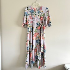 ASOS Lavender Floral Flutter Sleeve High Low Midi Dress Size 4 V-Neck Tie Waist