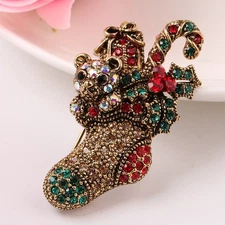 High-end Women Men Rhinestones Studded Christmas Sock Brooch Jewelry