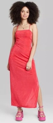Wild Fable Women's Red Lace-Up Back Maxi Bodycon Dress Ribbed Square Neck 14 NWT