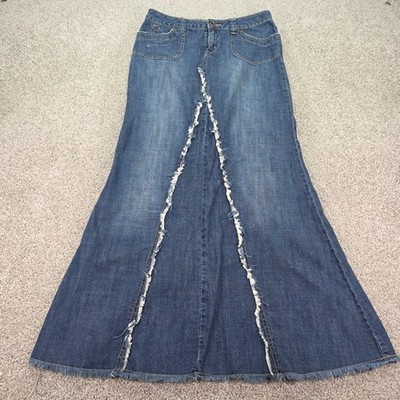 Kancan Denim Maxi Skirt Dark Stone Wash Distressed Raw Edge Boho Size 3 Y2K