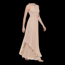 Eliza J Formal Gown Embellished Sleeveless Halter Neck Chiffon Champagne NWT 8