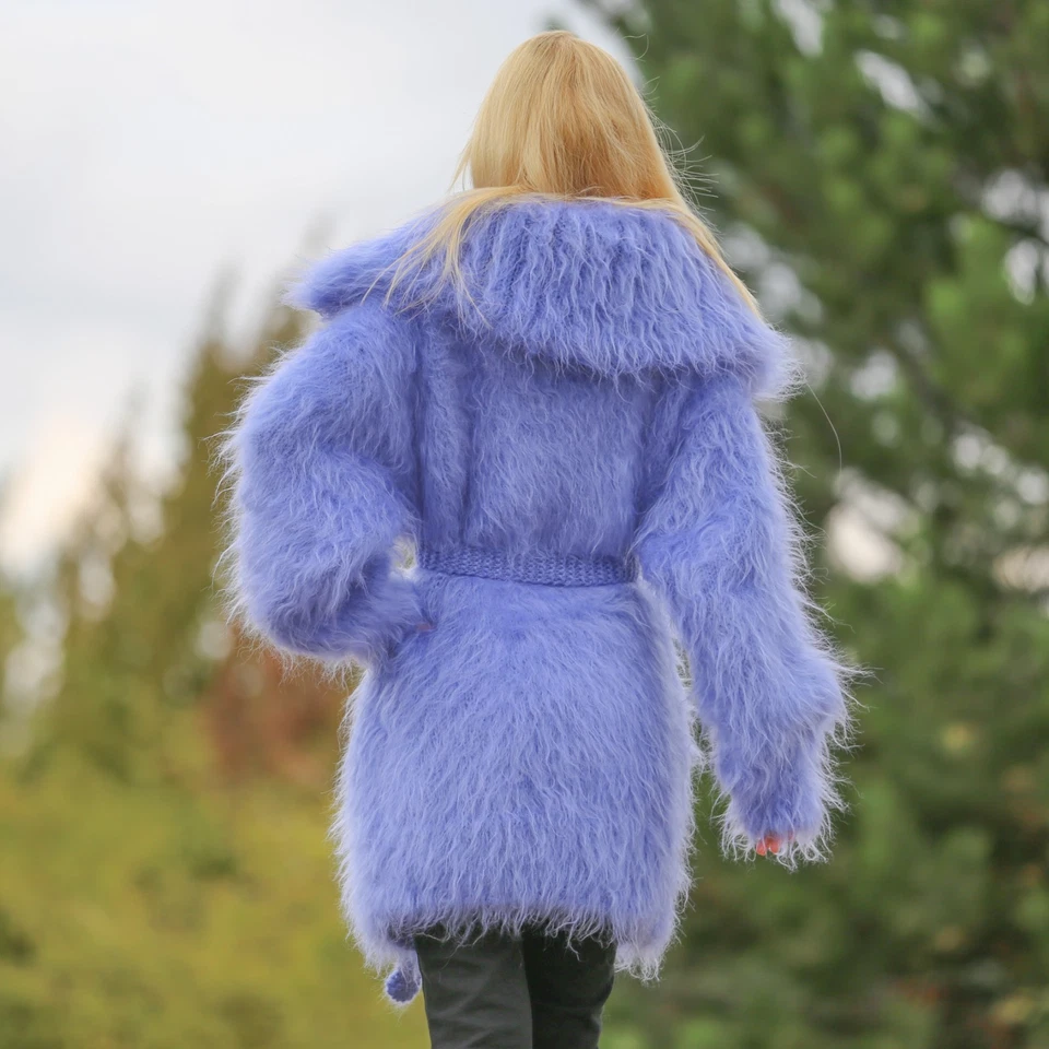 SuperTanya Azul Mohair Cárdigan Hecho a Mano Suéter Largo Listo para Enviar Talla L-XL Foto 4 de 4