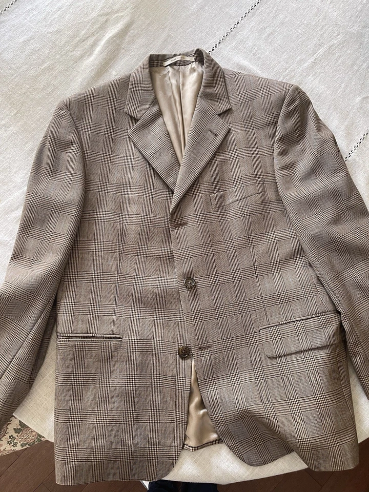 Burberry London Windowpane Blazer 3 Button Tan Beige Blue 40S Dual Vent Modern - Image 3 of 4