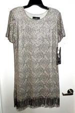 Molly Malloy Evening Cocktail Dress 8 Beige Crochet Lace Lined Fringe Hem Sequin