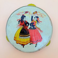 Vintage Tambourine Kirchhof Litho Tin Spanish Dancers 6in Made USA Party Toy