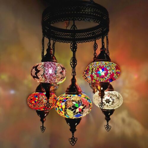 GRAND lustre mosaïque turque marocaine faite main mosaïque 8 ampoules - UK CE - Photo 1/11