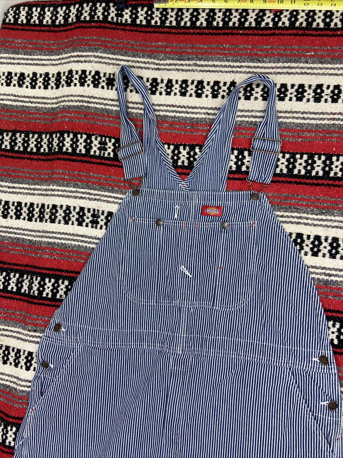 Dickies Bib Overalls Mens Size 46x30 Blue Denim Carpenter Jean Pants Pin Stripe image 2