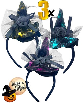 3 x Hexenhut Erwachsene schwarz Hexenhut mit Schleier Halloween Kostüm Accessoire