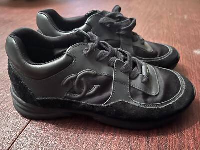 Chanel REV Classic Black Nylon Suede CC Lace Up Trainer Sneaker 38