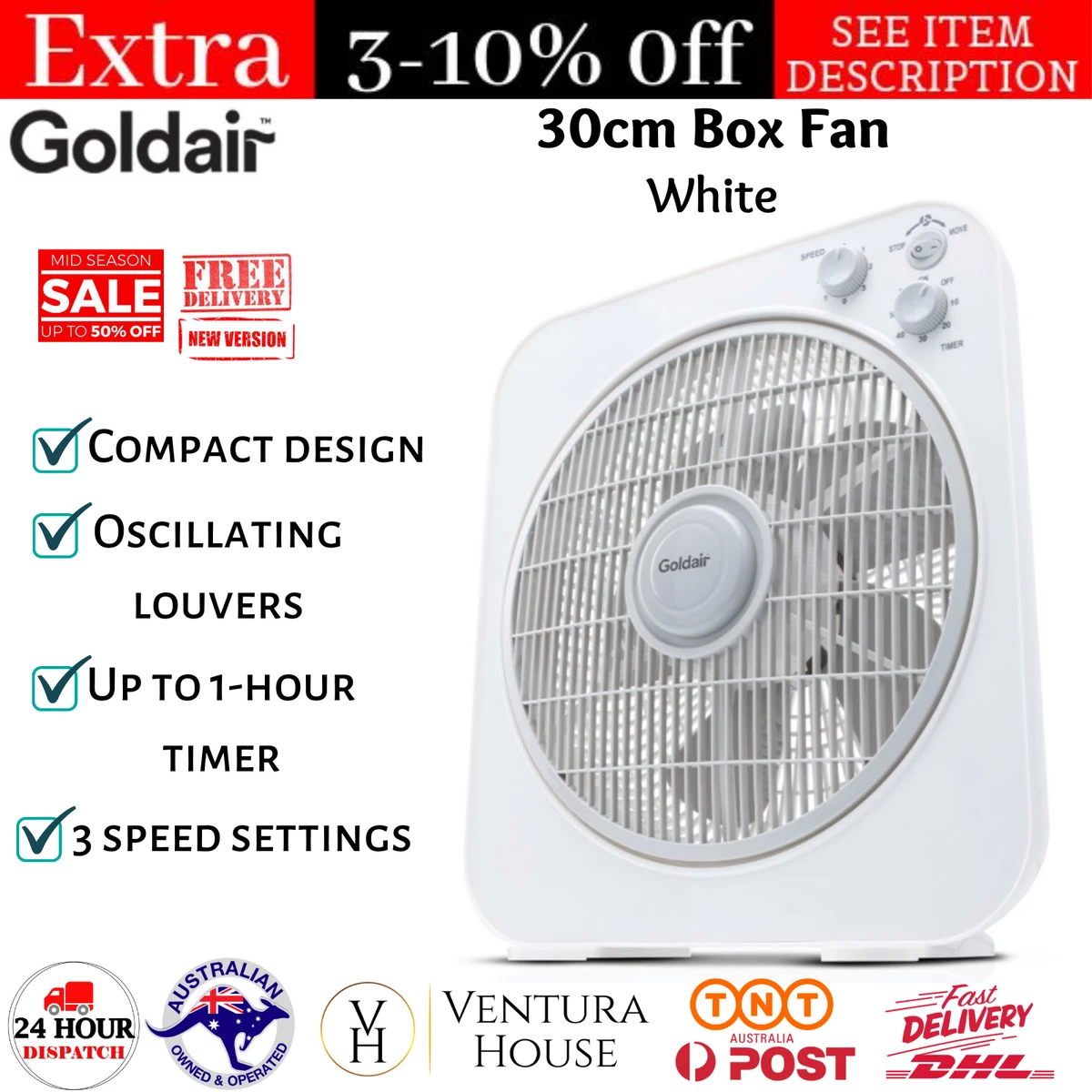 Goldair 30cm Box Fan Desk Floor 3 Speed Timer Air Circulator