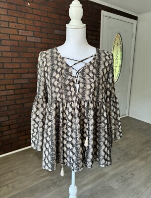 Show Me Your Mumu Snake Skin Print Blouse Tie Bell Sleeves Small