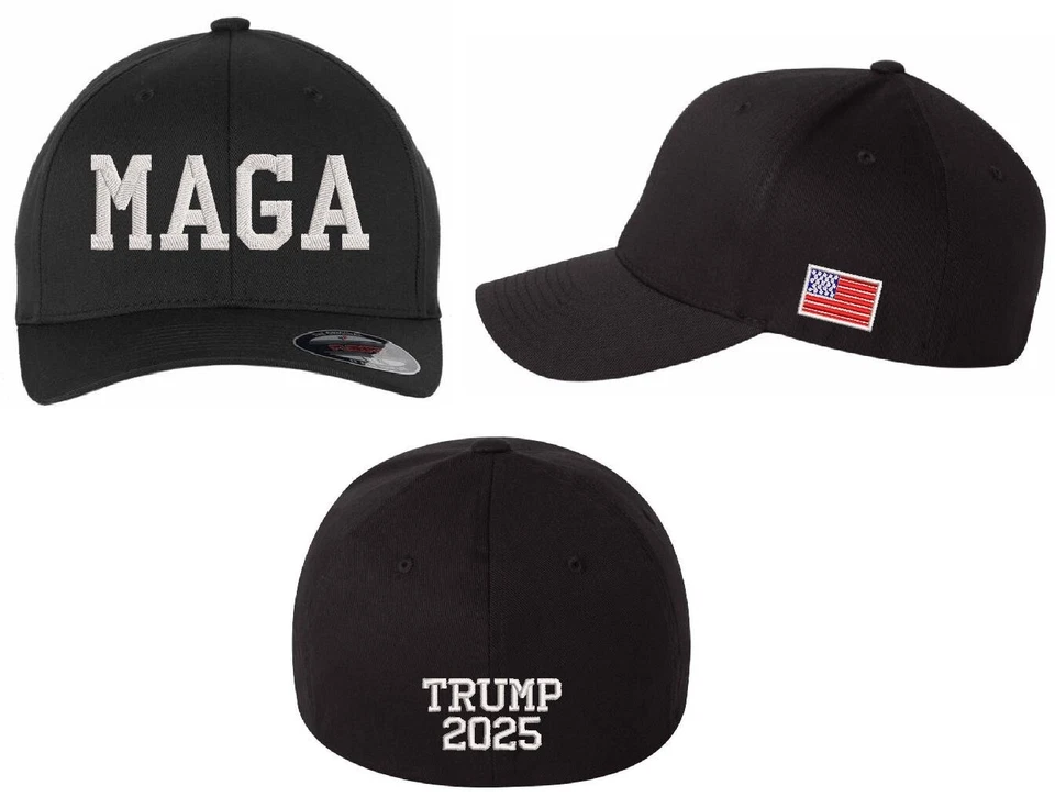 Sombrero Trump 2025 MAGA con Trump 2025 y lateral bandera de Estados Unidos ajuste flexible sombrero rojo o negro Foto 2 de 4