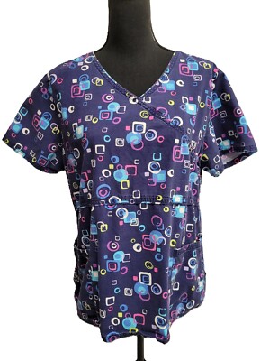 Scrub Star Scrub Top (L) Multicolor Geometric Short Sleeve Pockets V-Neck