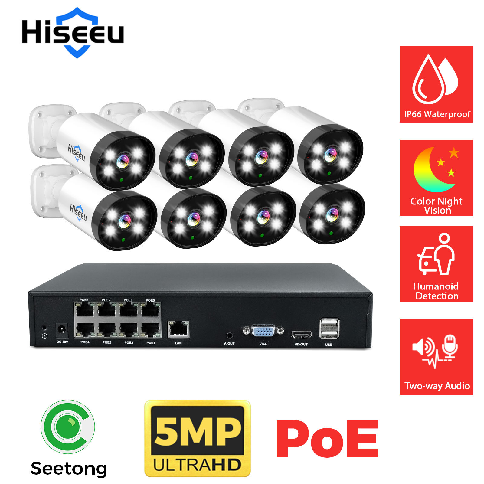 Hiseeu 5MP PoE Security Camera System,8 Ports PoE NVR,3TB HDD,AI Human Detection