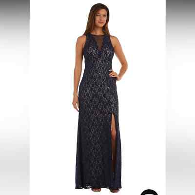 Nightway navy blue lace sequin illusion gown dress size 12p NWT