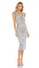 New Mac Duggal Floral Embellished Flutter Cap Sleeve Dress Slate Blue Multi Sz12